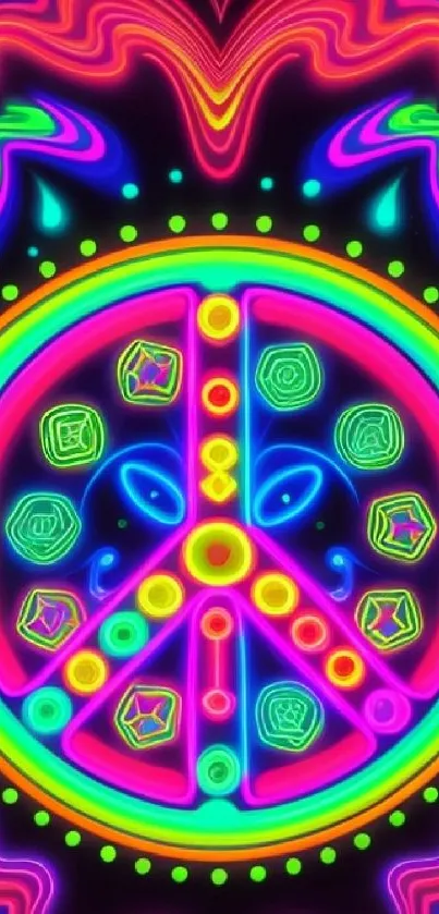 Neon peace symbol with psychedelic design and vibrant colors.