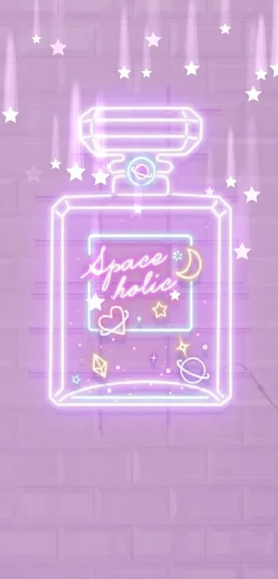 Neon perfume bottle wallpaper with space theme on a light purple background.