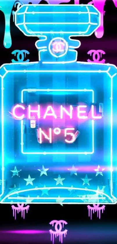 Neon blue Chanel perfume bottle mobile wallpaper with vibrant colors.