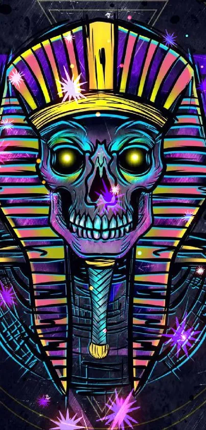 Neon Pharaoh skull with vibrant colors on dark backdrop