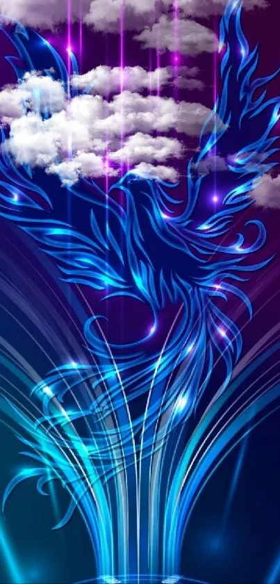 Neon phoenix abstract mobile wallpaper with glowing blue and purple design.