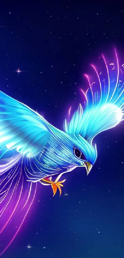 Neon phoenix flying in a starry night sky wallpaper.