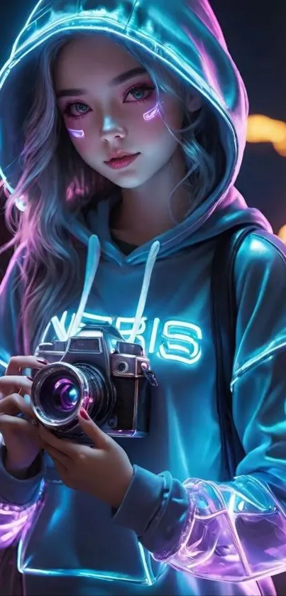 Girl in neon hoodie holding a camera at night.