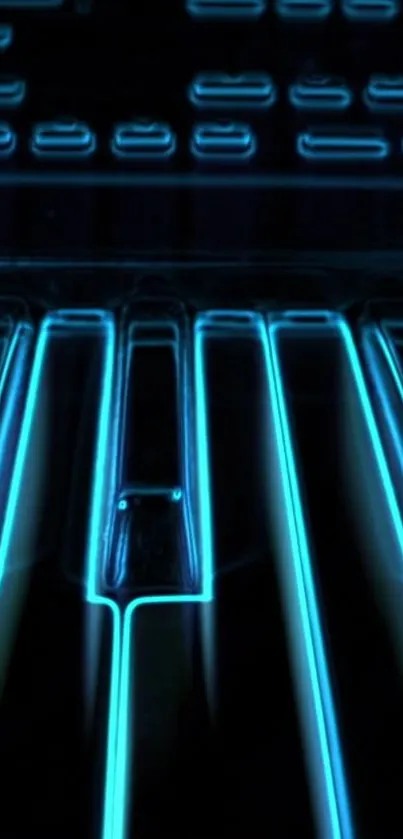 Neon blue piano keys with a futuristic digital glow.