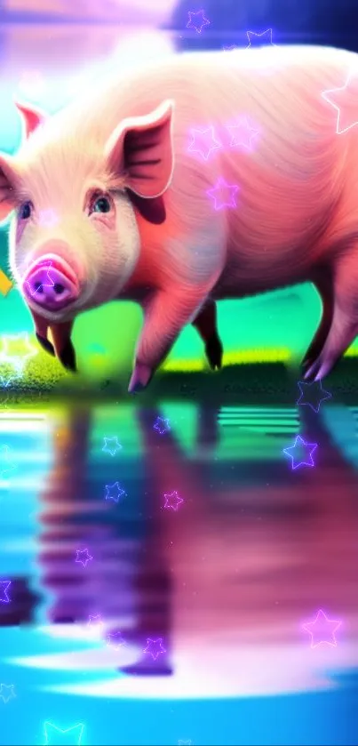 Vibrant neon pig with reflection and colorful stars wallpaper.