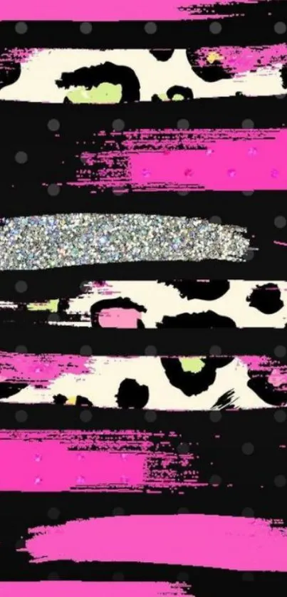 Vibrant pink and black leopard print wallpaper with glitter accents.