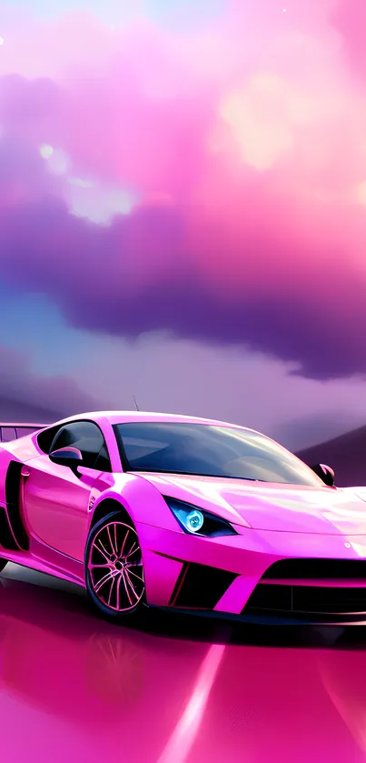 Vibrant neon pink sports car under an ethereal sky.