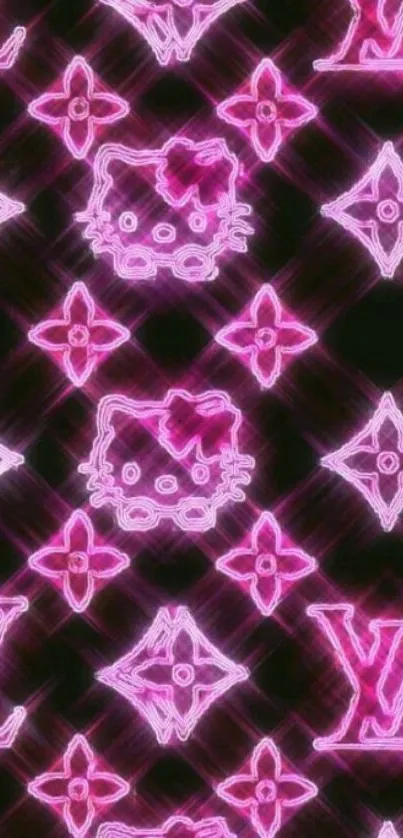 Neon pink patterned wallpaper with cat motifs.