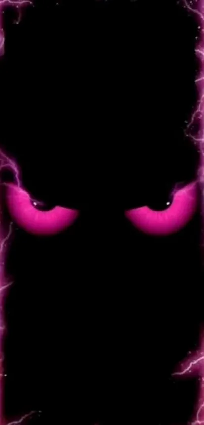 Intense neon pink eyes with purple lightning on black background.