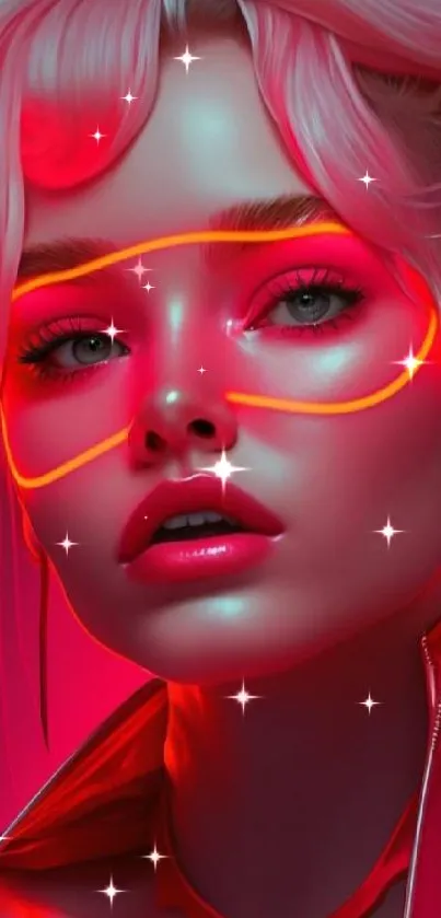 Futuristic neon pink portrait of a woman with glowing elements.