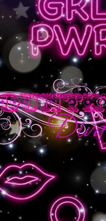 Neon pink girl power wallpaper with glowing abstract design.