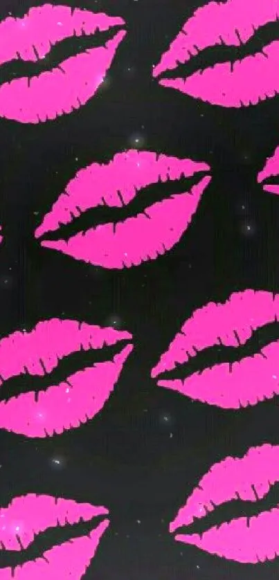 Neon pink lips pattern on black background wallpaper.