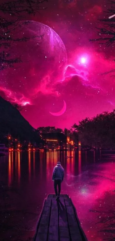 Neon pink night scene with lone figure and cosmic sky.