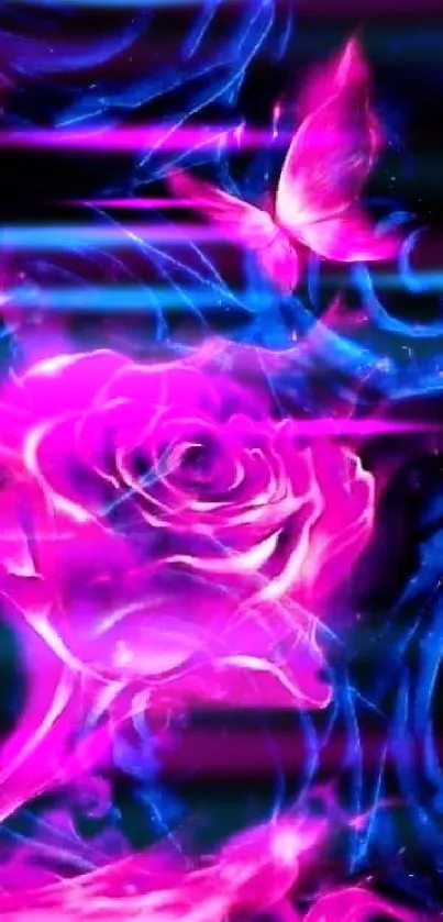 Neon pink rose with butterfly on dark background