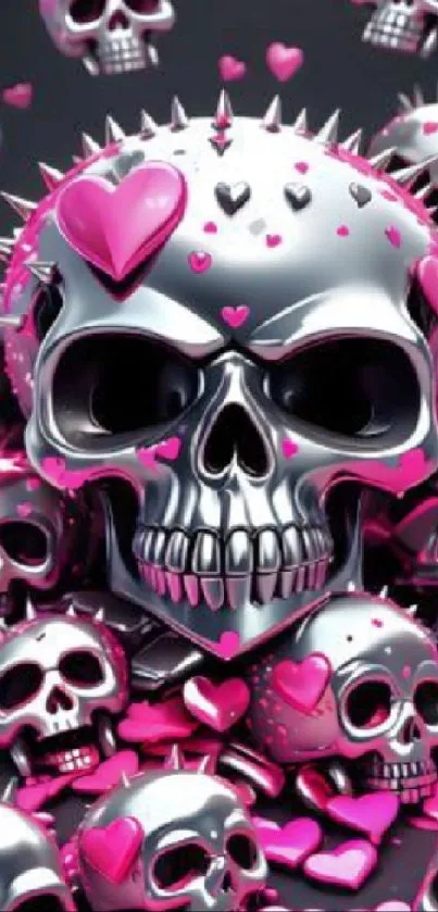 Neon pink and silver skulls with heart accents.