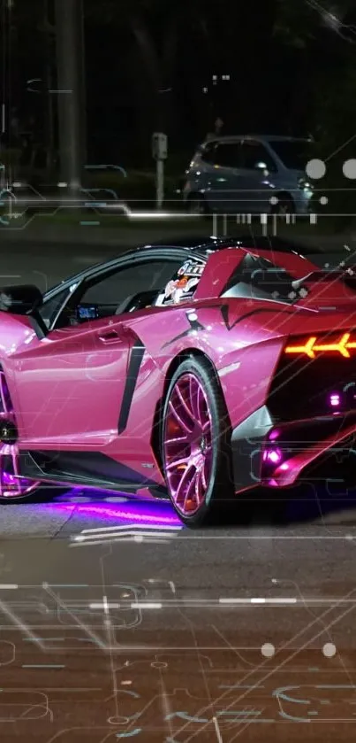 Neon pink supercar parked under city lights with futuristic background.