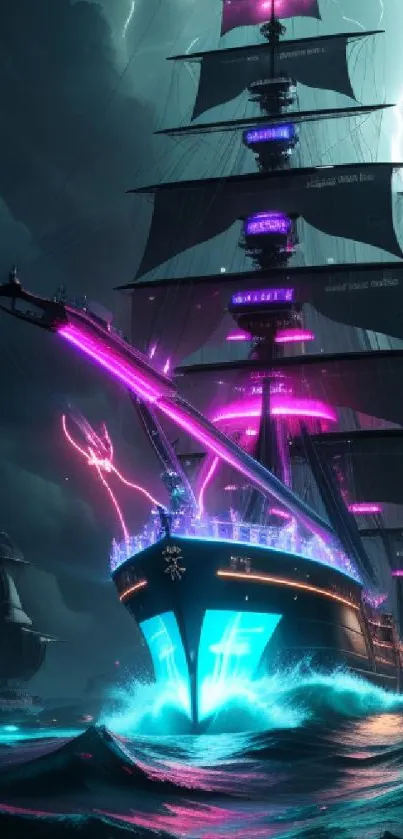 Neon-lit pirate ship sailing through stormy seas with lightning.