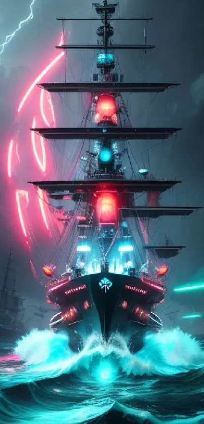 Neon-lit pirate ship on stormy ocean wallpaper.