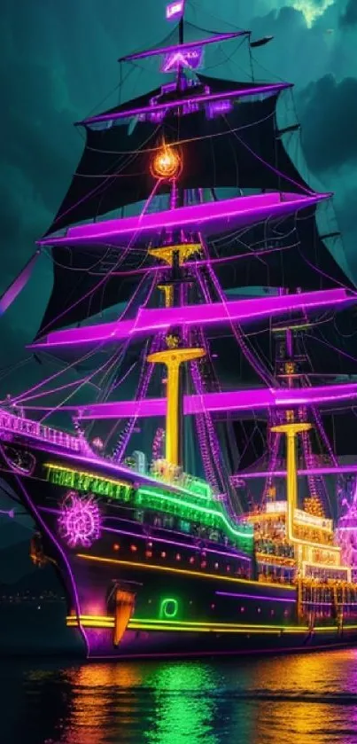 Neon-lit pirate ship with glowing sails at night.