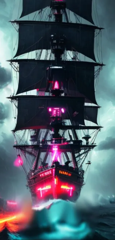 Neon-lit pirate ship cruising a stormy ocean.