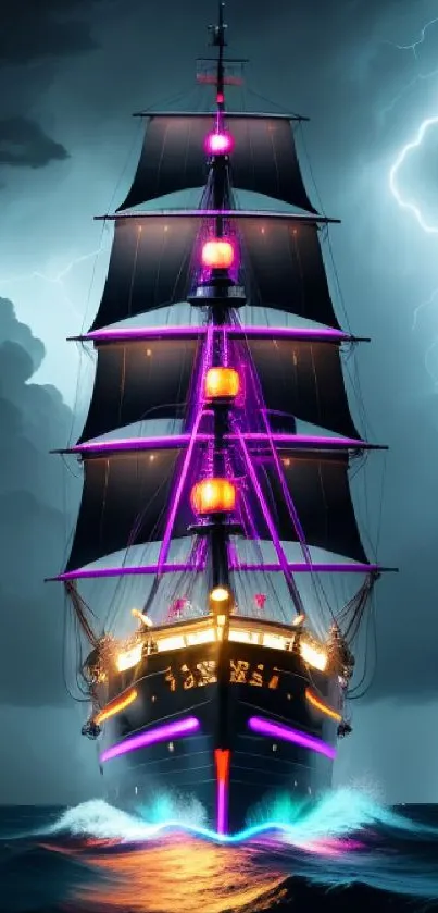 Neon-lit pirate ship battles a stormy sea.