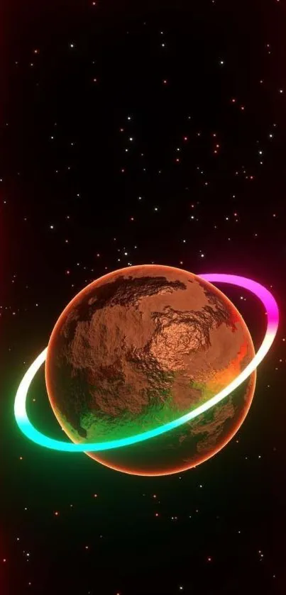 Neon planet with colorful ring in space.