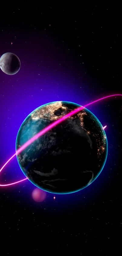 Neon planet in space with vibrant glowing ring and small celestial body.