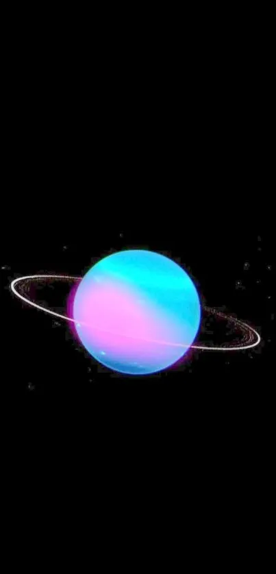 Neon blue and pink planet with rings on a dark background.