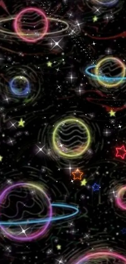 Neon planets and stars wallpaper with a cosmic theme, ideal for a futuristic aesthetic.