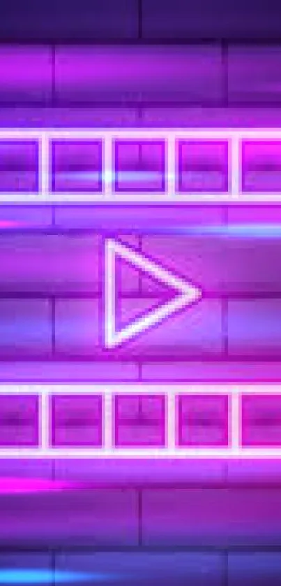 Neon pink play icon on purple brick wall wallpaper.