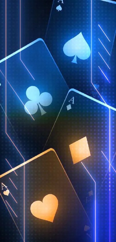 Neon playing cards wallpaper with glowing aces in dark theme.