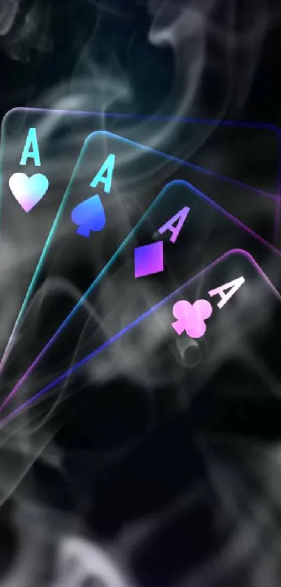 Neon playing cards with aces in vibrant colors on a dark background.