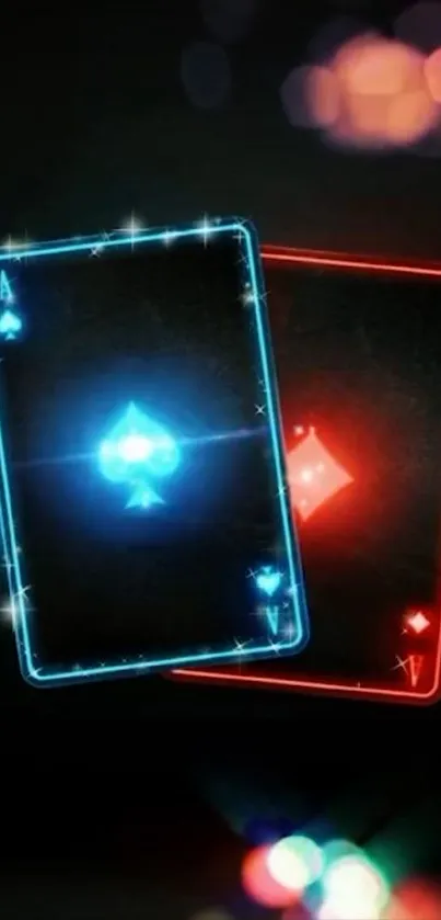 Neon playing cards with blue and red glow on a black background.