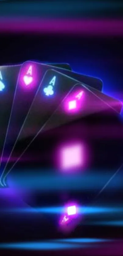 Neon playing cards with aces in purple glow.