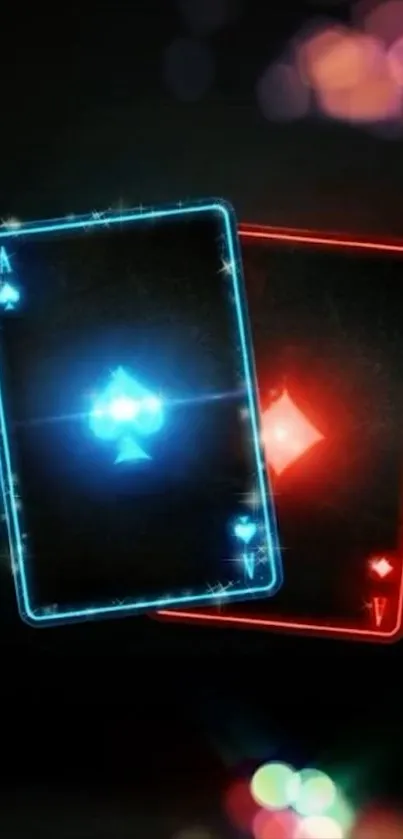 Neon playing cards with glowing effects, featuring blue and red hues.