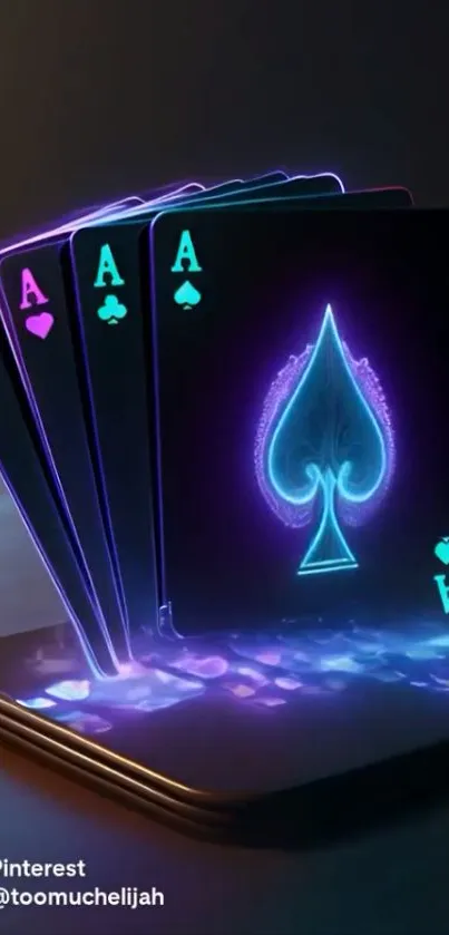 Neon poker cards glowing in the dark.
