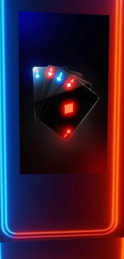 Neon-themed wallpaper with poker cards glowing in red and blue.