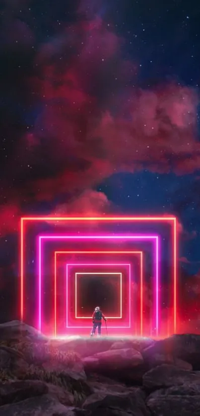 Person entering neon portal under starry night sky.