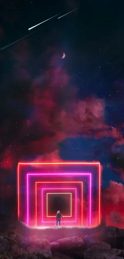 Vibrant neon portal in starry night sky wallpaper.