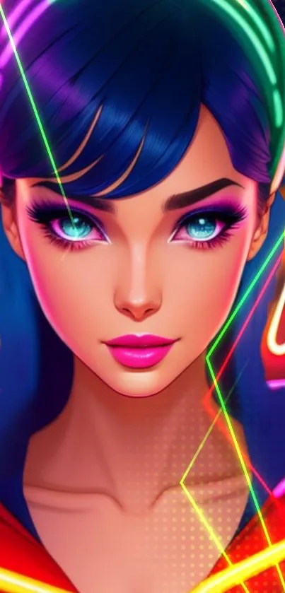 Digital art of a woman with neon lights and vibrant colors in a futuristic style.