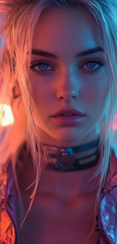 A vibrant neon portrait of a woman with glowing colors, perfect for mobile wallpaper.
