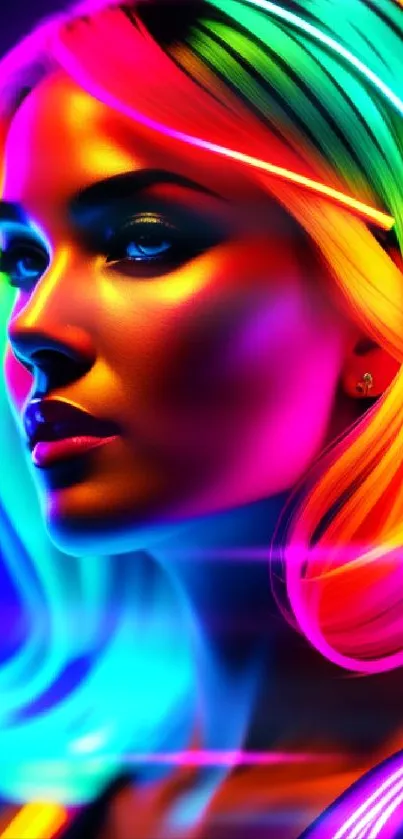 Vibrant neon portrait of woman with glowing multicolored lights.