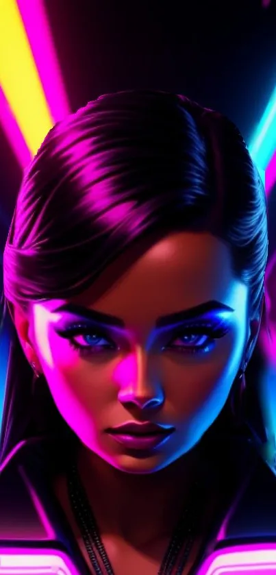 Neon portrait of a woman with colorful futuristic design and striking colors.