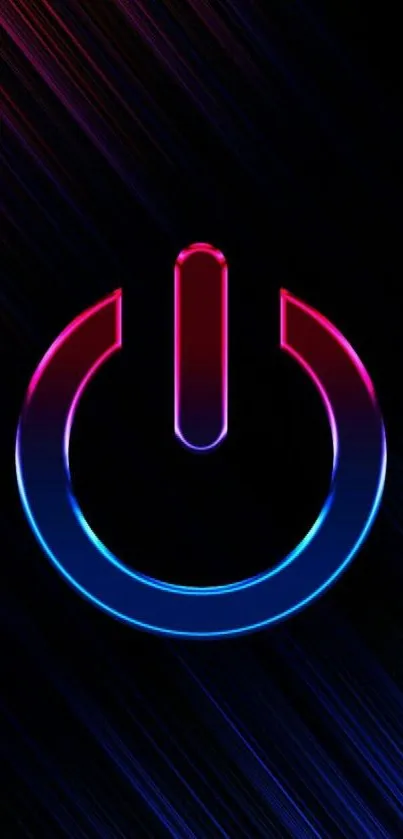 Neon power button with black background and vibrant hues of red and blue.