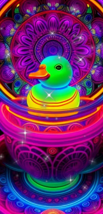 Psychedelic duck in neon colors with intricate patterns.