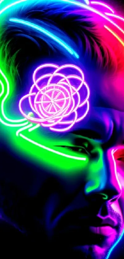 Vibrant neon portrait with psychedelic lights and abstract design.