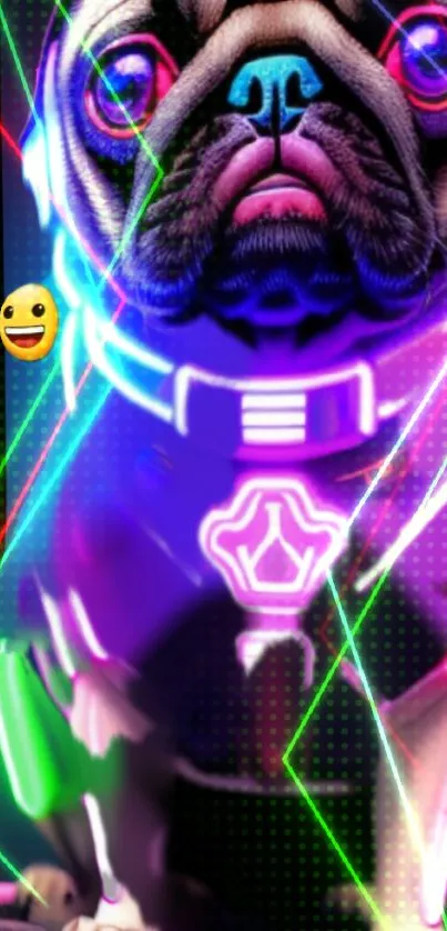 A neon pug in a futuristic cyberpunk scene with colorful lighting effects.