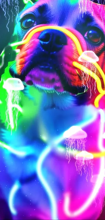 Vibrant neon pug surrounded by colorful abstract jellyfish.