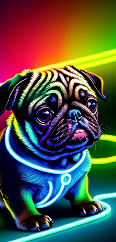 Vibrant neon pug digital artwork with glowing colors.