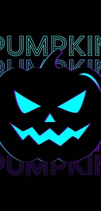 Neon pumpkin with spooky face on Halloween themed mobile wallpaper.